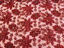 Holographic Sequins Lace - Burgundy - Flower Sequins Lace Design w/ Metallic Thread by Yard