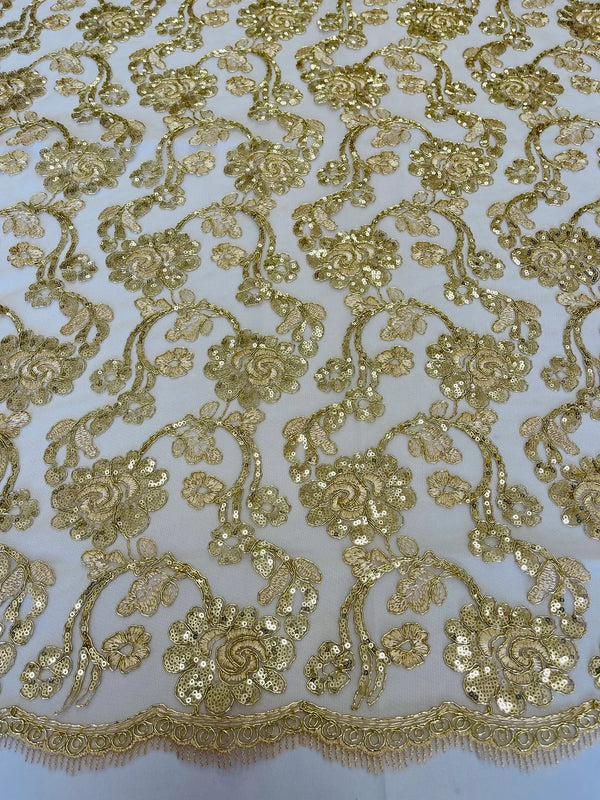 Embroidered Flower Lace - Champagne - Corded Floral Lace With Sequins Sold By Yard