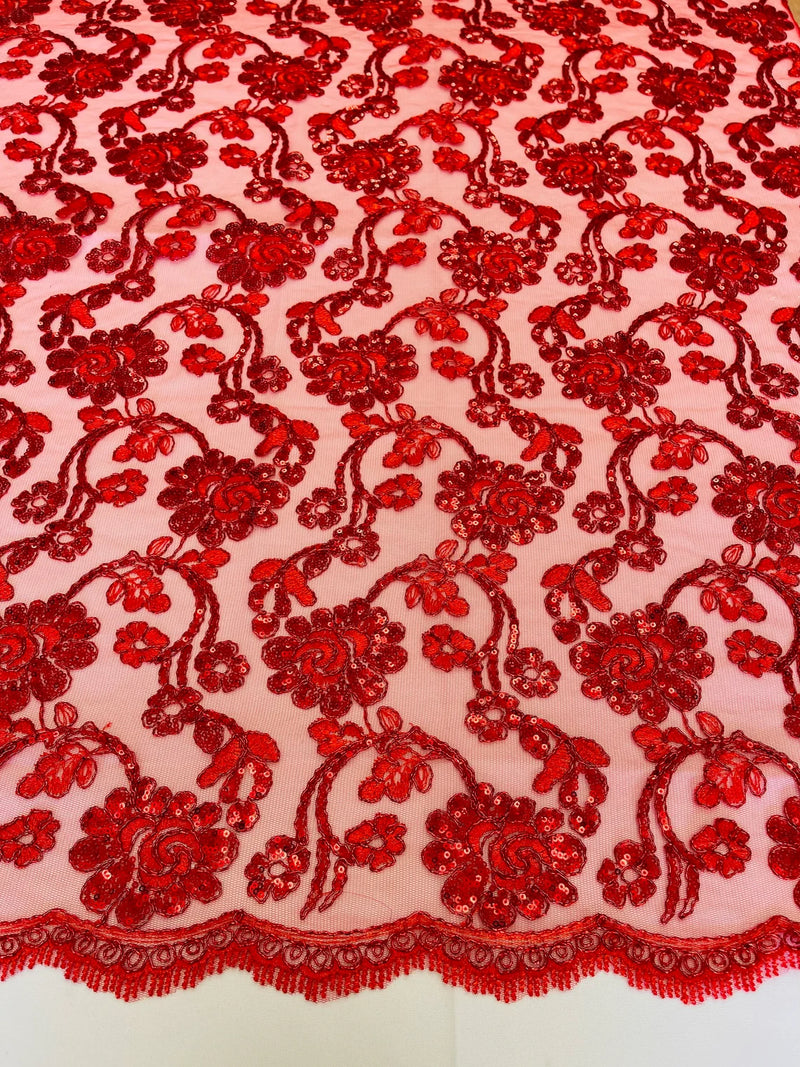 Embroidered Flower Lace - Red - Corded Floral Lace With Sequins Sold By Yard