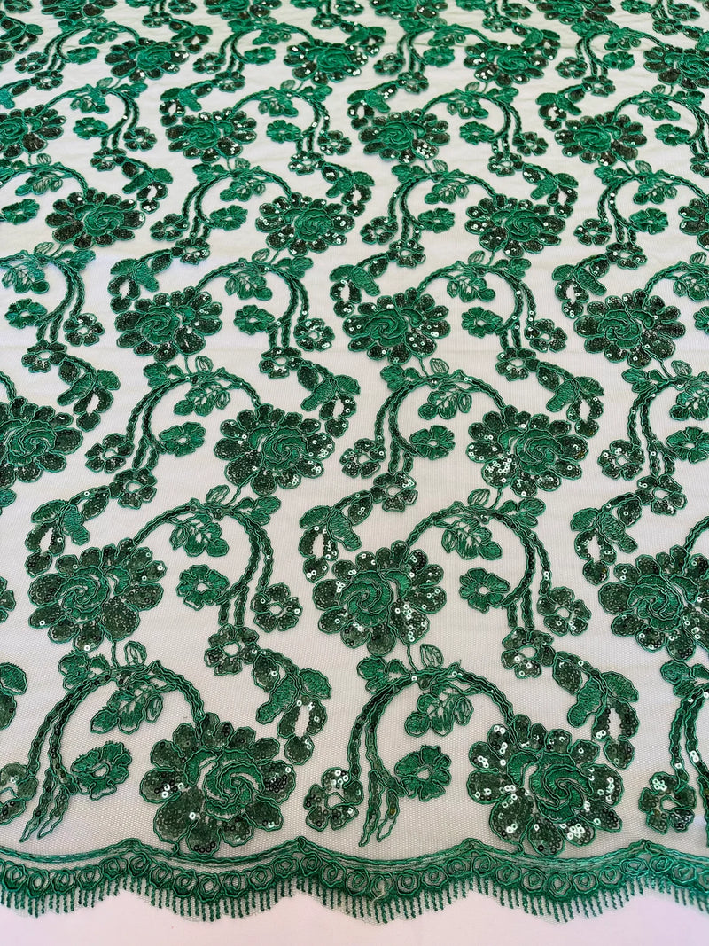 Embroidered Flower Lace - Hunter Green - Corded Floral Lace With Sequins Sold By Yard