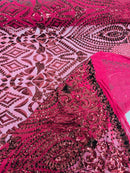 Geometric Pattern Sequins - Burgundy - 4 Way Stretch Colorful Shine Designer Sequins By Yard