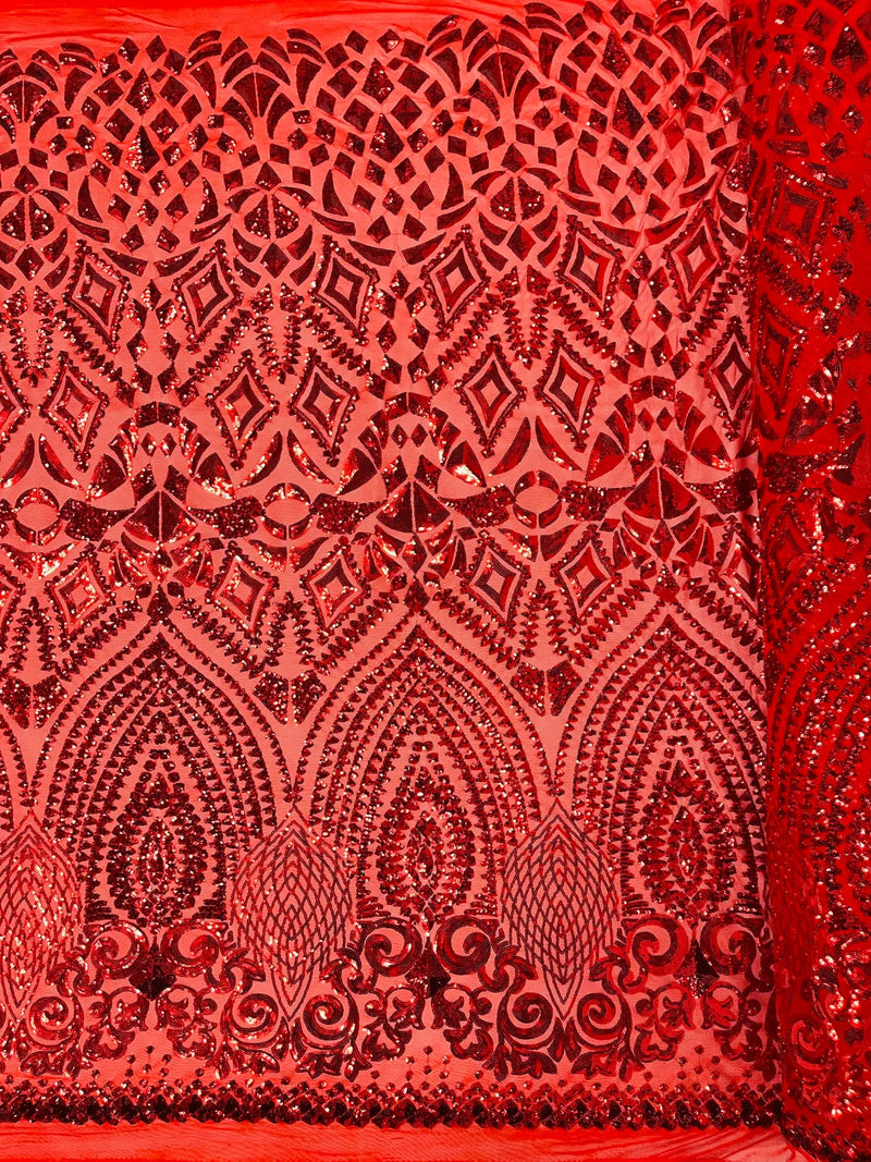 Geometric Pattern Sequins - Red - 4 Way Stretch Colorful Shine Designer Sequins By Yard