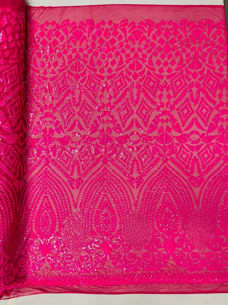 Geometric Pattern Sequins - Hot Pink - 4 Way Stretch Colorful Shine Designer Sequins By Yard