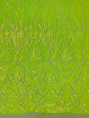 Geometric Fabric - Lime Green - Geometric Sequins Pattern Design 4 Way Stretch Sold By Yard