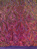 Geometric Fabric - Purple Iridescent - Geometric Sequins Pattern Design 4 Way Stretch Sold By Yard