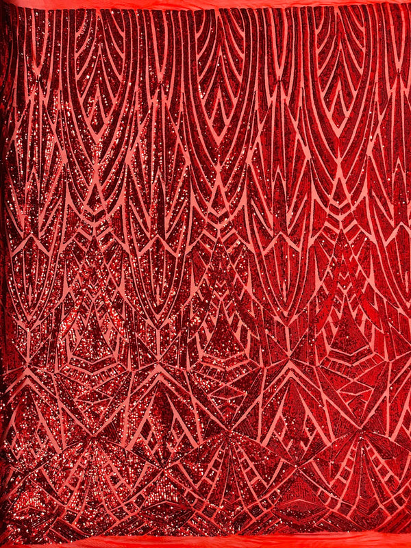 Geometric Fabric - Red - Geometric Sequins Pattern Design 4 Way Stretch Sold By Yard