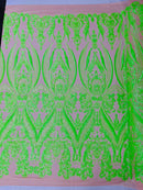 Big Damask Sequins Fabric - Neon Green - 4 Way Stretch Damask Sequins Design Fabric By Yard