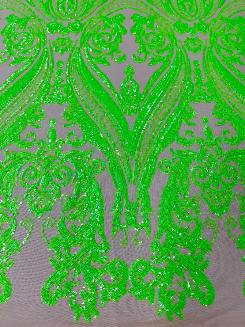 Big Damask Sequins Fabric - Neon Green - 4 Way Stretch Damask Sequins Design Fabric By Yard