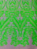 Big Damask Sequins Fabric - Neon Green - 4 Way Stretch Damask Sequins Design Fabric By Yard
