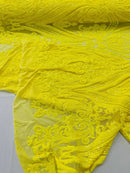 Big Damask Sequins Fabric - Yellow on Yellow - 4 Way Stretch Damask Sequins Design Fabric By Yard