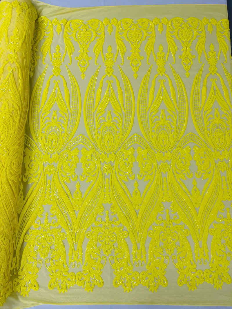Big Damask Sequins Fabric - Yellow on Yellow - 4 Way Stretch Damask Sequins Design Fabric By Yard