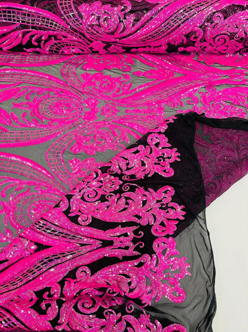 Big Damask Sequins Fabric - Hot Pink on Black - 4 Way Stretch Damask Sequins Design Fabric By Yard