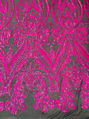 Big Damask Sequins Fabric - Hot Pink on Black - 4 Way Stretch Damask Sequins Design Fabric By Yard