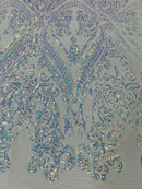 Big Damask Sequins Fabric - Clear - 4 Way Stretch Damask Sequins Design Fabric By Yard