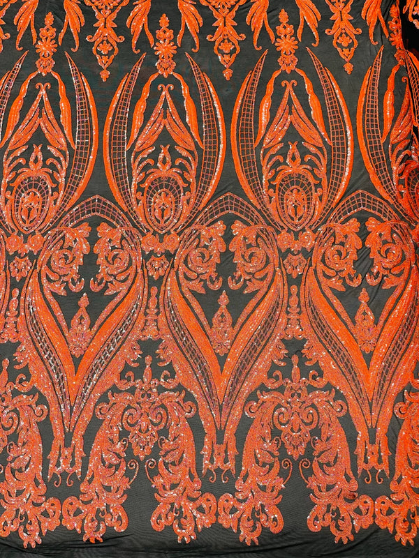 Big Damask Sequins Fabric - Orange on Black - 4 Way Stretch Damask Sequins Design Fabric By Yard