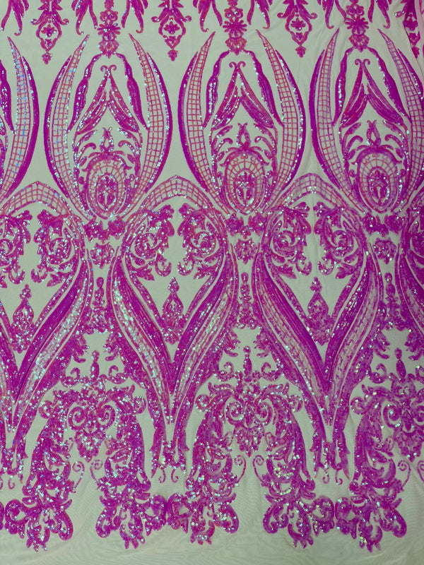 Big Damask Sequins Fabric - Candy Pink - 4 Way Stretch Damask Sequins Design Fabric By Yard