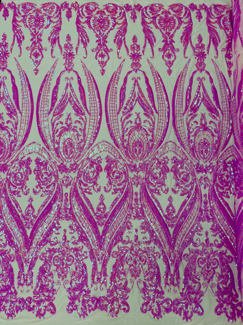 Big Damask Sequins Fabric - Candy Pink - 4 Way Stretch Damask Sequins Design Fabric By Yard