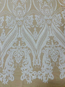 Big Damask Sequins Fabric - White on Nude - 4 Way Stretch Damask Sequins Design Fabric By Yard