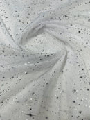 Foil Star Organza - Silver On White - 60" Sheer Silver Star Organza Fabric Sold By Yard