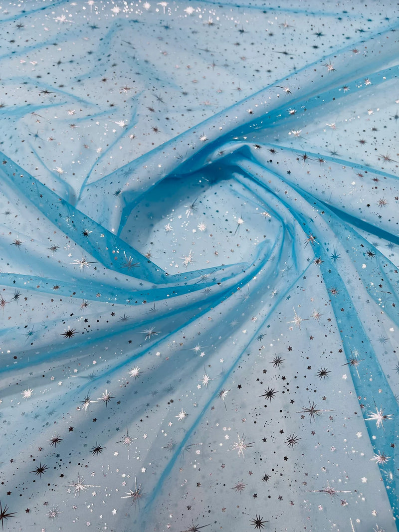 Foil Star Organza - Silver On Turquoise - 60" Sheer Silver Star Organza Fabric Sold By Yard