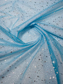 Foil Star Organza - Silver On Turquoise - 60" Sheer Silver Star Organza Fabric Sold By Yard