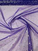 Foil Star Organza - Silver On Purple - 60" Sheer Silver Star Organza Fabric Sold By Yard