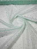 Foil Star Organza - Silver On Mint - 60" Sheer Silver Star Organza Fabric Sold By Yard
