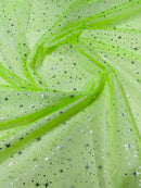 Foil Star Organza - Silver On Lime Green - 60" Sheer Silver Star Organza Fabric Sold By Yard