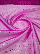Foil Star Organza - Silver On Fuchsia - 60" Sheer Silver Star Organza Fabric Sold By Yard