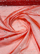 Foil Star Organza - Silver On Red - 60" Sheer Silver Star Organza Fabric Sold By Yard