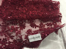 Lace Fabric -Burgundy French Corded Flower Sequins Mesh Bridal Wedding Dress Sold By The Yard