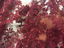 Lace Fabric -Burgundy French Corded Flower Sequins Mesh Bridal Wedding Dress Sold By The Yard