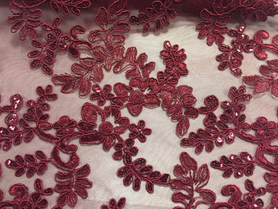 Lace Fabric -Burgundy French Corded Flower Sequins Mesh Bridal Wedding Dress Sold By The Yard