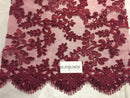 Lace Fabric -Burgundy French Corded Flower Sequins Mesh Bridal Wedding Dress Sold By The Yard