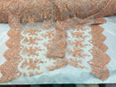 Metatron fabrics Majestic bridal wedding flower mesh super beaded lace peach. Sold by the yard