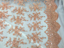 Metatron fabrics Majestic bridal wedding flower mesh super beaded lace peach. Sold by the yard