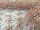 Metatron fabrics Majestic bridal wedding flower mesh super beaded lace peach. Sold by the yard