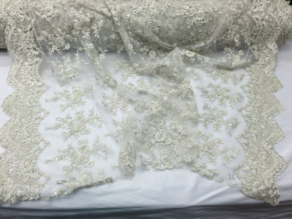 Beaded Fabric - Embroidered Lace Of White Mesh Bridal Veil wedding Decoration By The Yard