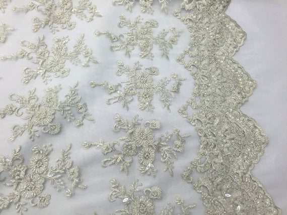 Beaded Fabric - Embroidered Lace Of White Mesh Bridal Veil wedding Decoration By The Yard