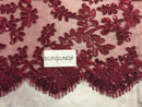 Lace Fabric -Burgundy French Corded Flower Sequins Mesh Bridal Wedding Dress Sold By The Yard