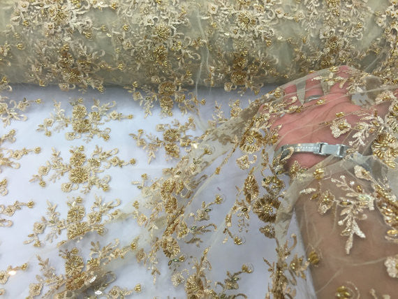 Metatron fabrics Majestic bridal wedding flower mesh super beaded fabric gold. Sold by the yard