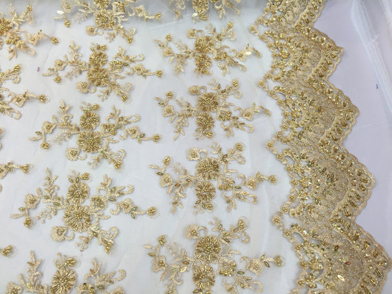 Metatron fabrics Majestic bridal wedding flower mesh super beaded fabric gold. Sold by the yard