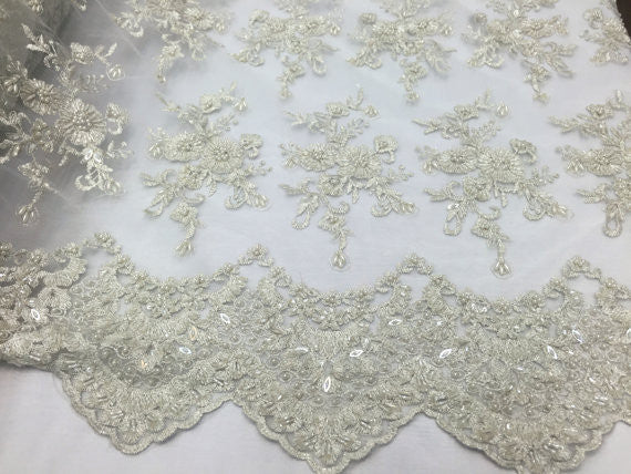 Beaded Fabric - Embroidered Lace Of White Mesh Bridal Veil wedding Decoration By The Yard