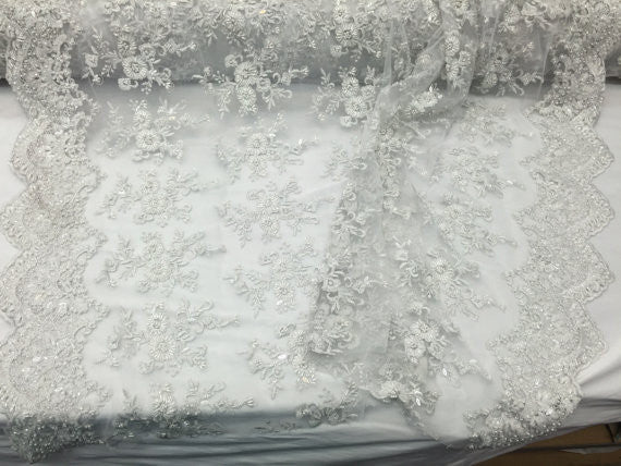 Lace  Fabric - By The Yard White Mesh Bridal Veil Beaded & Sequins Wedding Decorations