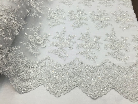 Lace  Fabric - By The Yard White Mesh Bridal Veil Beaded & Sequins Wedding Decorations
