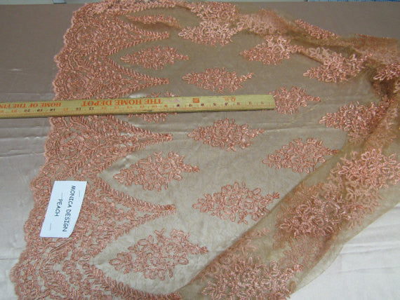 Lace Fabric By The Yard French Design Embroidered Mesh For Bridal Wedding Dress Peach