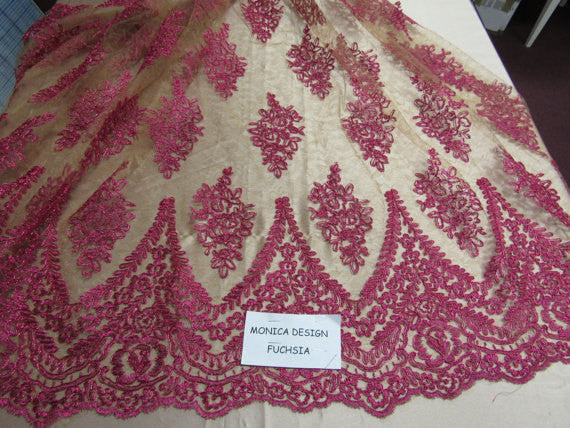 Lace Fabric By The Yard French Design Embroidered Mesh For Bridal Wedding Dress Fuchsia