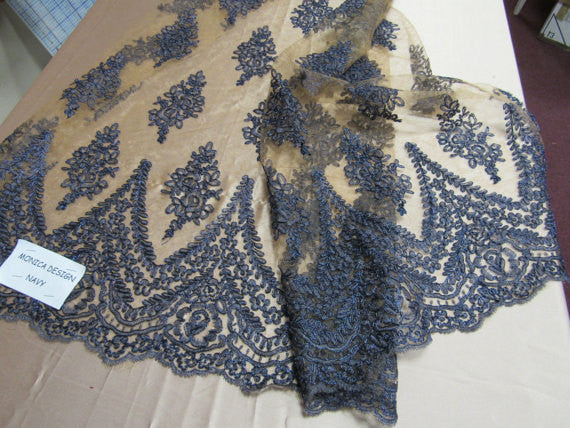 Lace Fabric By The Yard French Design Embroidered Mesh For Bridal Wedding Dress Navy