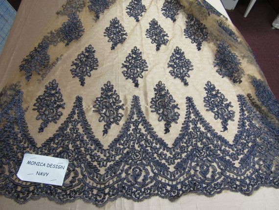 Lace Fabric By The Yard French Design Embroidered Mesh For Bridal Wedding Dress Navy