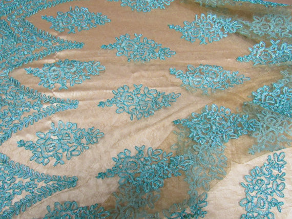 Lace Fabric By The Yard French Design Embroidered Mesh For Bridal Wedding Dress Aqua
